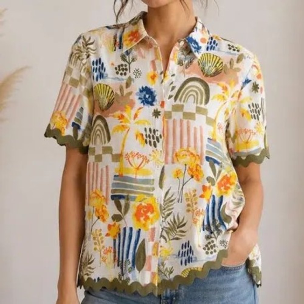 Jane + Delancey Scalloped Trim Tropical Print Linen Blend Button Down Shirt M